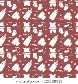 Seamless pattern with goods for babies. Newborn baby background. Baby bottle, nipple, socks, diapers, bodysuit.