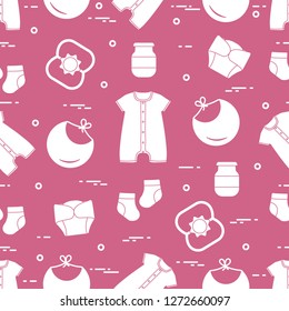 Seamless pattern with goods for babies. Newborn baby background. Bib, baby food can, rattle, socks, diapers, bodysuit.