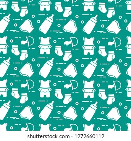 Seamless pattern with goods for babies. Newborn baby background. Baby bottle, nipple, socks, diapers, bodysuit.
