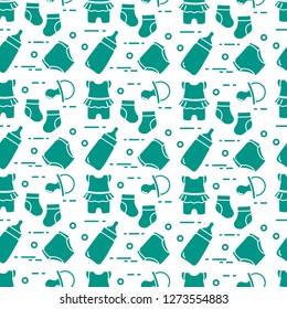 Seamless pattern with goods for babies. Newborn baby background. Baby bottle, nipple, socks, diapers, bodysuit.