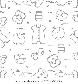Seamless pattern with goods for babies. Newborn baby background. Bib, baby food can, rattle, socks, diapers, bodysuit.