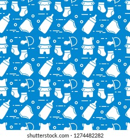 Seamless pattern with goods for babies. Newborn baby background. Baby bottle, nipple, socks, diapers, bodysuit.