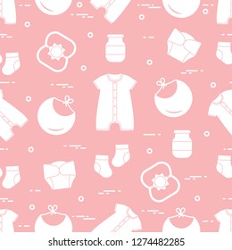 Seamless pattern with goods for babies. Newborn baby background. Bib, baby food can, rattle, socks, diapers, bodysuit.