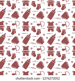 Seamless pattern with goods for babies. Newborn baby background. Baby bottle, nipple, socks, diapers, bodysuit.
