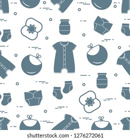 Seamless pattern with goods for babies. Newborn baby background. Bib, baby food can, rattle, socks, diapers, bodysuit.