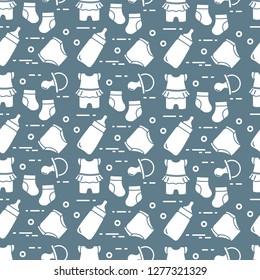 Seamless pattern with goods for babies. Newborn baby background. Baby bottle, nipple, socks, diapers, bodysuit.