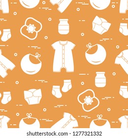 Seamless pattern with goods for babies. Newborn baby background. Bib, baby food can, rattle, socks, diapers, bodysuit.