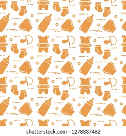 Seamless pattern with goods for babies. Newborn baby background. Baby bottle, nipple, socks, diapers, bodysuit.