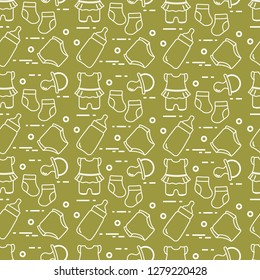 Seamless pattern with goods for babies. Newborn baby background. Baby bottle, nipple, socks, diapers, bodysuit.