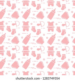 Seamless pattern with goods for babies. Newborn baby background. Baby bottle, nipple, socks, diapers, bodysuit.