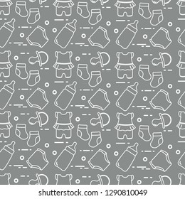 Seamless pattern with goods for babies. Newborn baby background. Baby bottle, nipple, socks, diapers, bodysuit.