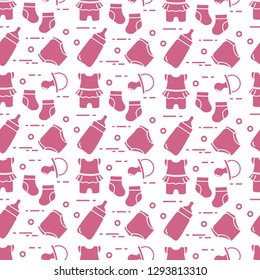 Seamless pattern with goods for babies. Newborn baby background. Baby bottle, nipple, socks, diapers, bodysuit.