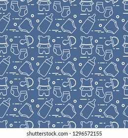Seamless pattern with goods for babies. Newborn baby background. Baby bottle, nipple, socks, diapers, bodysuit.
