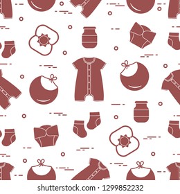 Seamless pattern with goods for babies. Newborn baby background. Bib, baby food can, rattle, socks, diapers, bodysuit.