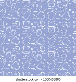 Patrón sin fisuras con productos para bebés. Fondo del bebé recién nacido. Biberón, pezón, calcetines, pañales, traje.