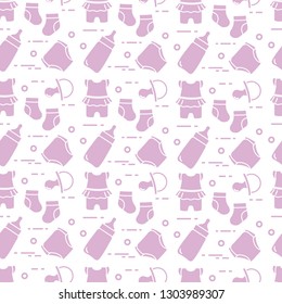 Seamless pattern with goods for babies. Newborn baby background. Baby bottle, nipple, socks, diapers, bodysuit.