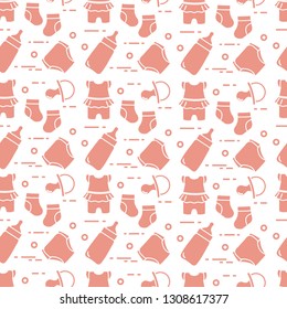 Seamless pattern with goods for babies. Newborn baby background. Baby bottle, nipple, socks, diapers, bodysuit.