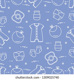 Seamless pattern with goods for babies. Newborn baby background. Bib, baby food can, rattle, socks, diapers, bodysuit.