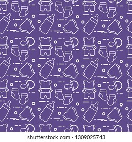 Seamless pattern with goods for babies. Newborn baby background. Baby bottle, nipple, socks, diapers, bodysuit.