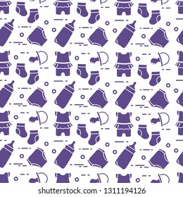 Seamless pattern with goods for babies. Newborn baby background. Baby bottle, nipple, socks, diapers, bodysuit.