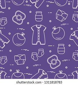 Seamless pattern with goods for babies. Newborn baby background. Bib, baby food can, rattle, socks, diapers, bodysuit.