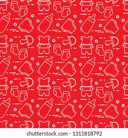 Seamless pattern with goods for babies. Newborn baby background. Baby bottle, nipple, socks, diapers, bodysuit.