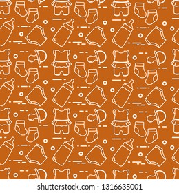 Seamless pattern with goods for babies. Newborn baby background. Baby bottle, nipple, socks, diapers, bodysuit.