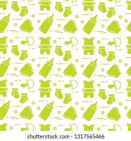 Seamless pattern with goods for babies. Newborn baby background. Baby bottle, nipple, socks, diapers, bodysuit.