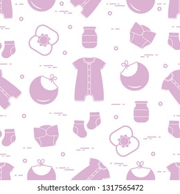 Seamless pattern with goods for babies. Newborn baby background. Bib, baby food can, rattle, socks, diapers, bodysuit.