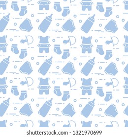 Seamless pattern with goods for babies. Newborn baby background. Baby bottle, nipple, socks, diapers, bodysuit.