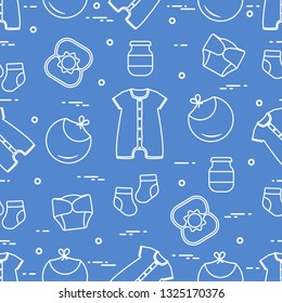 Seamless pattern with goods for babies. Newborn baby background. Bib, baby food can, rattle, socks, diapers, bodysuit.