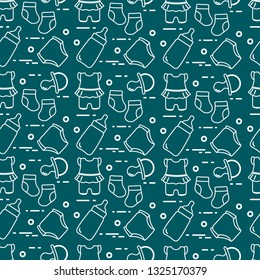 Seamless pattern with goods for babies. Newborn baby background. Baby bottle, nipple, socks, diapers, bodysuit.