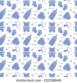 Seamless pattern with goods for babies. Newborn baby background. Baby bottle, nipple, socks, diapers, bodysuit.