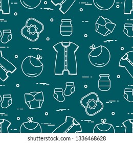 Seamless pattern with goods for babies. Newborn baby background. Bib, baby food can, rattle, socks, diapers, bodysuit.