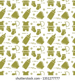 Seamless pattern with goods for babies. Newborn baby background. Baby bottle, nipple, socks, diapers, bodysuit.