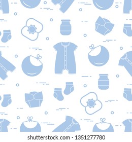 Seamless pattern with goods for babies. Newborn baby background. Bib, baby food can, rattle, socks, diapers, bodysuit.