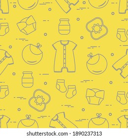 Seamless pattern with goods for babies. Newborn baby background. Bib, baby food can, rattle, socks, diapers, bodysuit. Illuminating and Ultimate Gray.