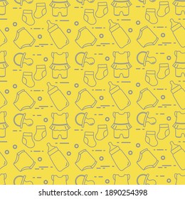Nahtlose Muster mit Waren für Säuglinge. Neugeborener Hintergrund. Babyflasche, Nippel, Socken, Windeln, Körperanzug. Leuchtend und ultimativ grau.