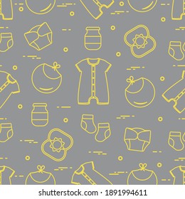 Seamless pattern with goods for babies. Newborn baby background. Bib, baby food can, rattle, socks, diapers, bodysuit. Illuminating and Ultimate Gray.