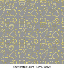 Nahtlose Muster mit Waren für Säuglinge. Neugeborener Hintergrund. Babyflasche, Nippel, Socken, Windeln, Körperanzug. Leuchtend und ultimativ grau.