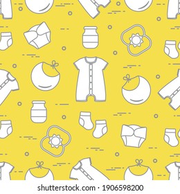 Seamless pattern with goods for babies. Newborn baby background. Bib, baby food can, rattle, socks, diapers, bodysuit. Illuminating and Ultimate Gray.