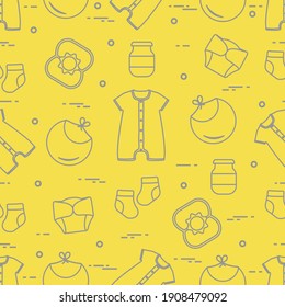 Seamless pattern with goods for babies. Newborn baby background. Bib, baby food can, rattle, socks, diapers, bodysuit. Illuminating and Ultimate Gray.