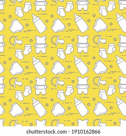 Nahtlose Muster mit Waren für Säuglinge. Neugeborener Hintergrund. Babyflasche, Nippel, Socken, Windeln, Körperanzug. Leuchtend und ultimativ grau.