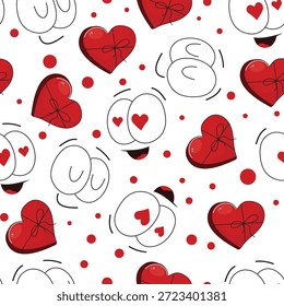 Patrón inconsútil de los ojos blancos desagradables con las pupilas rojas del corazón en corazones envueltos del regalo, caras sonrientes