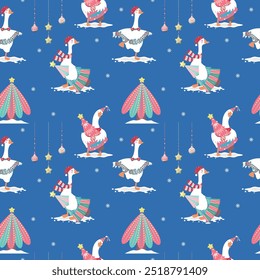 Seamless pattern with goose, Christmas trees and ball in cartoon style. Blue background. Perfect for kids design, decor textiles, fabric print, Christmas cards, wallpaper and wrapping paper design.