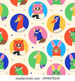 Seamless pattern with goose, cow, panda, hare, llama, bull wearing balaclava ski masks. Animals and birds dressed as a robbers with a colourful thief mask. Creative print for fabric, wrapping, apparel