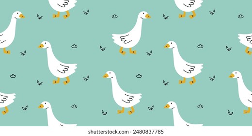 Seamless pattern with goose and doodle elements