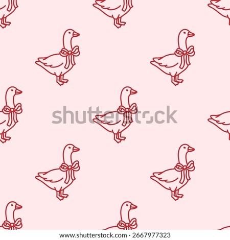 Seamless pattern with goose or duck decorated coquette bow ribbon. Trendy background design with bird on pink background. Holiday farm animal. Whimsy decorative backdrop