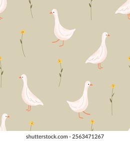 Seamless pattern with goose and floral. Vector farm animals background. Hand drawn goose illustration.