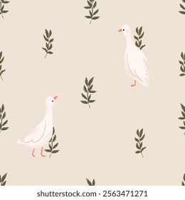 Seamless pattern with goose and floral. Vector farm animals background. Hand drawn goose illustration.